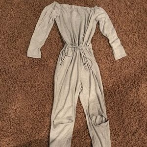 Grey long sleeve off the shoulder jumpsuit
